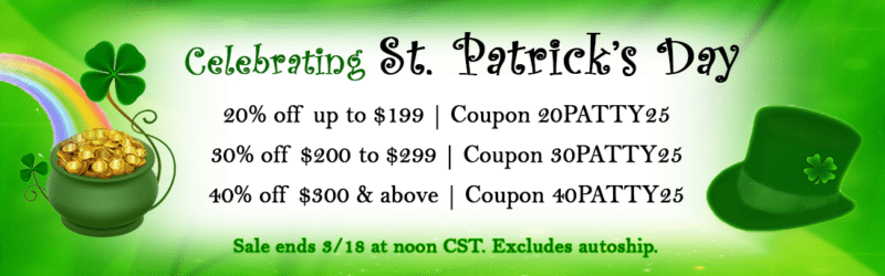 St Patrick's Day Sale multi tiered 20%-40% off depending on how much you spend.