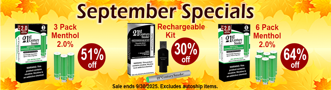 21st September Monthly Special Menthol 2-0_recharge kit BANNER2 September monthly special on Menthol 2.0% 6 count 64% off and 3 count refills 51% off plus rechargeable kit 30% off.